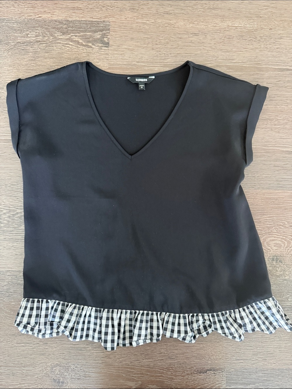 Express Black V-Neck Top with Gingham Ruffle Hem